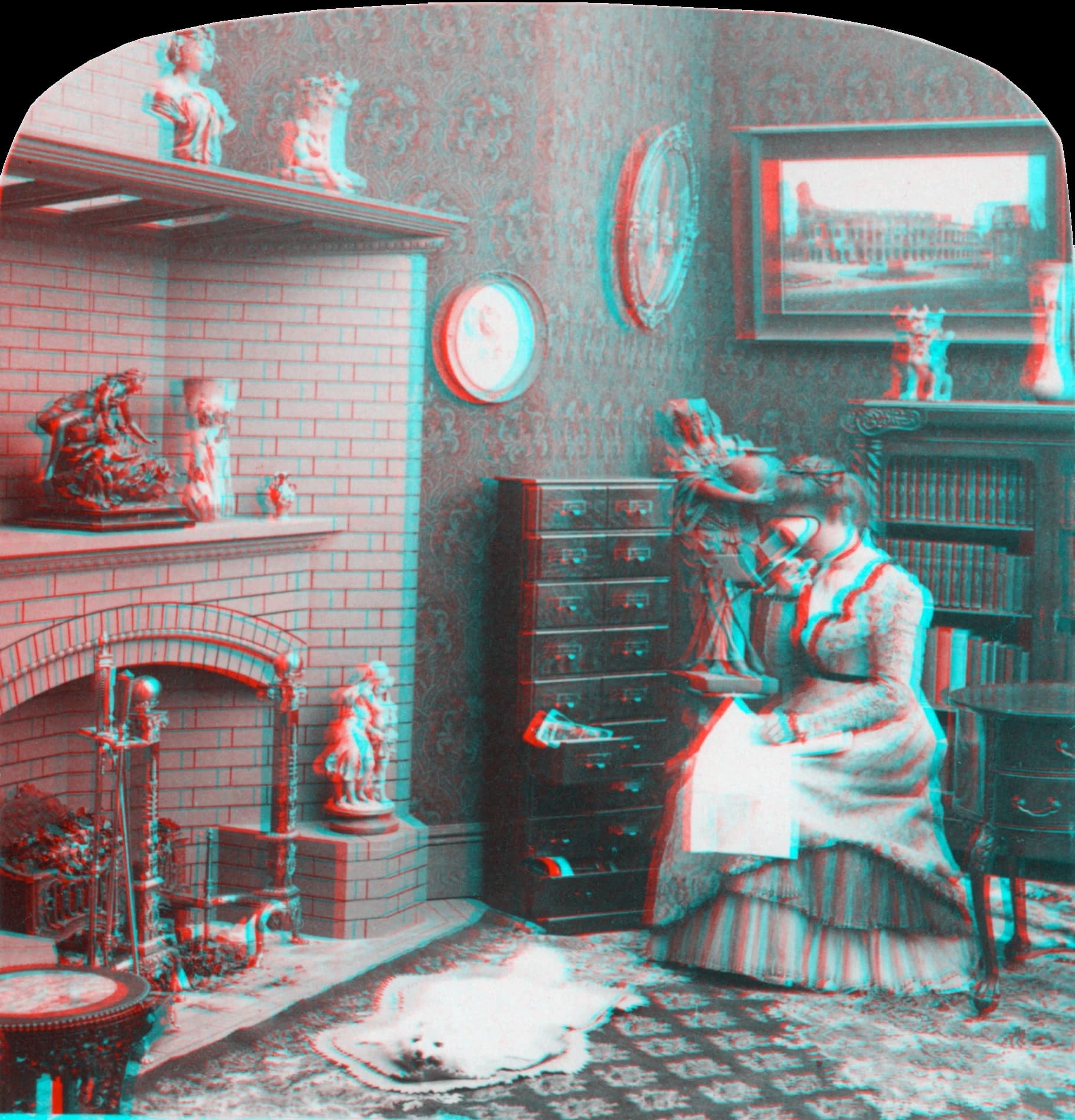 stereoscopic red/blue image of a parlor in 1901, with a woman sitting viewing a stereograph, from Library of Congress